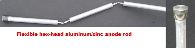 Overview and closeup of flexible hex-head aluminum/zinc anode rod 